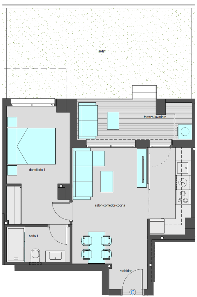 Vivienda tipo Bajo C de un dormitorio con jardín. Superficie construida: 58,00 m2. Superficie útil jardín: 29,40 m2.