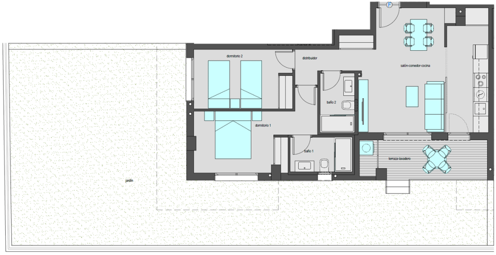 Vivienda tipo Bajo F de dos dormitorios con jardín. Superficie construida: 86,65 m2. Superficie útil jardín: 97,20 m2.