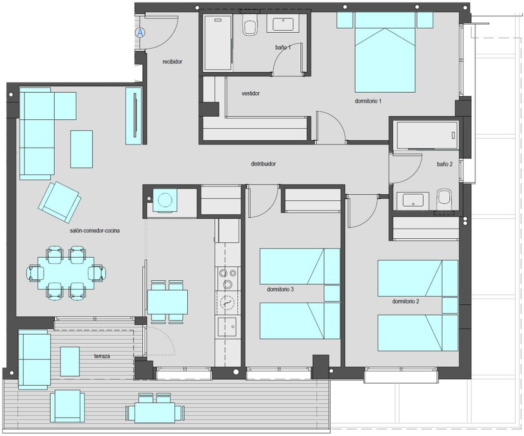 Vivienda tipo A.1 de tres dormitorios. Superficie construdia: 110,45 m2. Plantas 1 y 3.