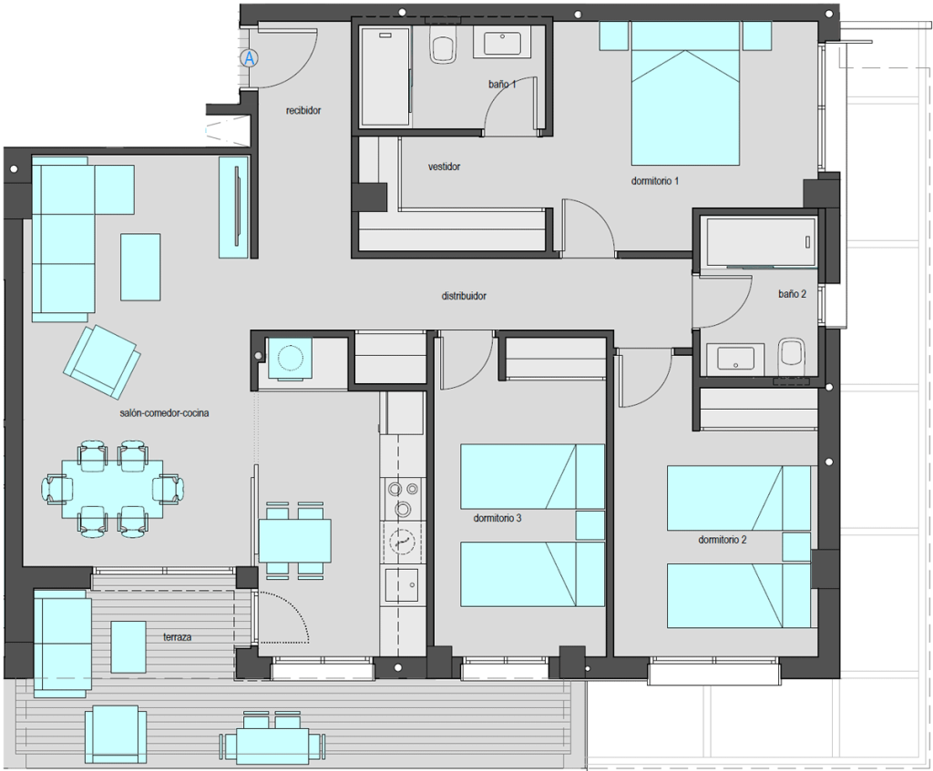 Vivienda tipo A.3 de tres dormitorios. Superficie construida: 111,65 m2. Plantas 2, 4 y 6.