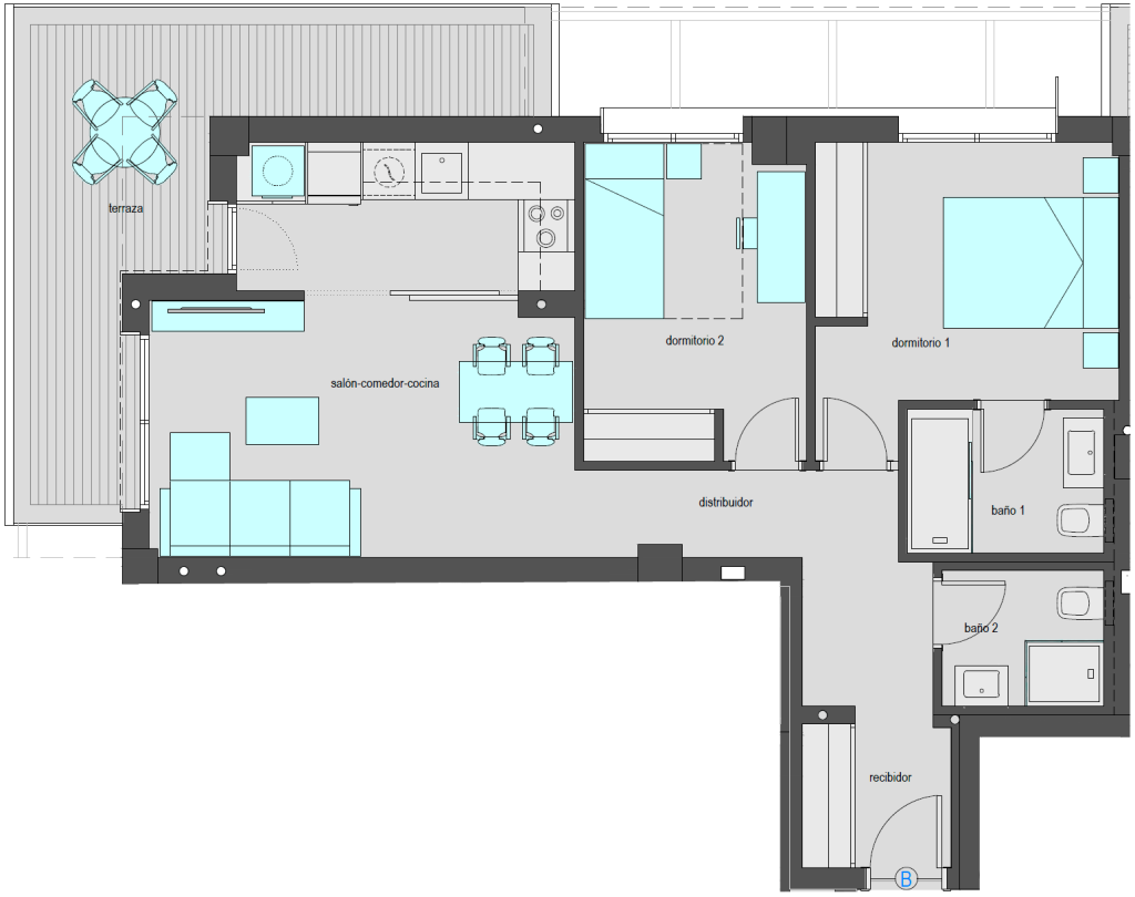 Vivienda tipo B.2 de dos dormitorios. Superficie construida: 77,40 m2. Plantas 2 y 4.