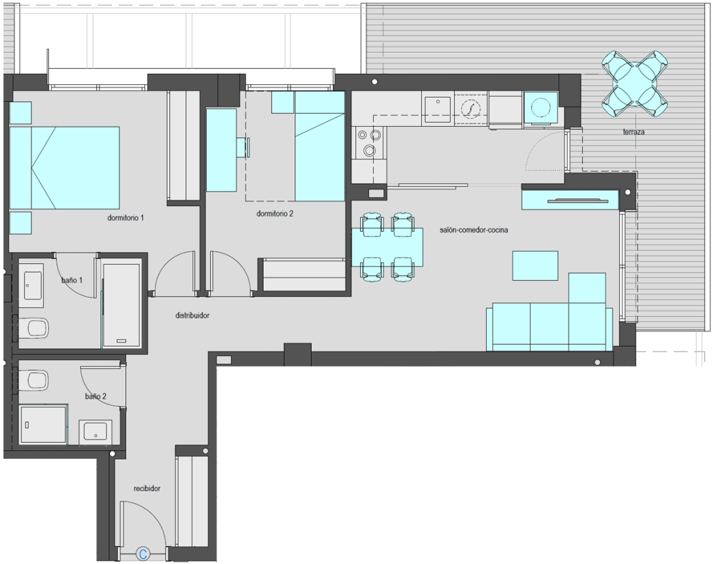 Vivienda tipo C.1 de dos dormitorios. Superficie construida: 77,40 m2. Plantas 1 y 3.