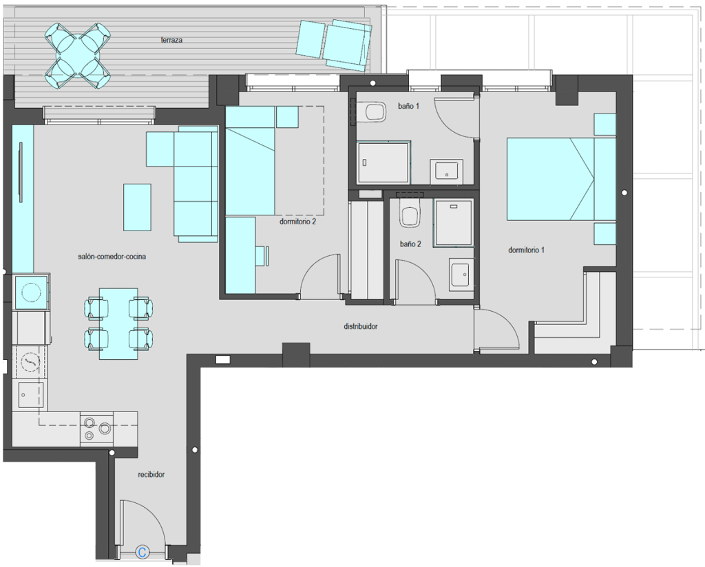 Vivienda tipo C.2 de dos dormitorios. Superficie construida: 76,30 m2. Plantas 2 y 4.