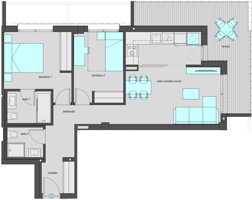 Vivienda tipo C.3 de dos dormitorios. Superficie construida: 89,55 m2. Planta 5.