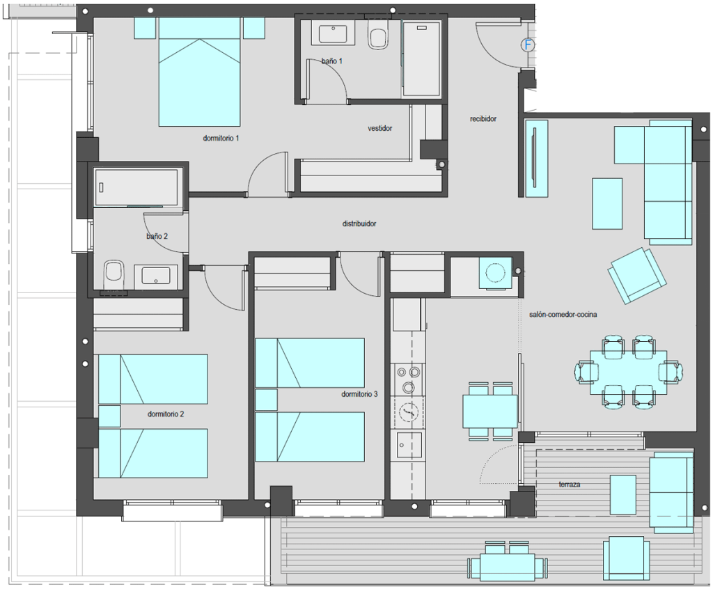 Vivienda tipo F.2 de tres dormitorios. Superficie construida: 110,45 m2. Plantas 2 y 4.