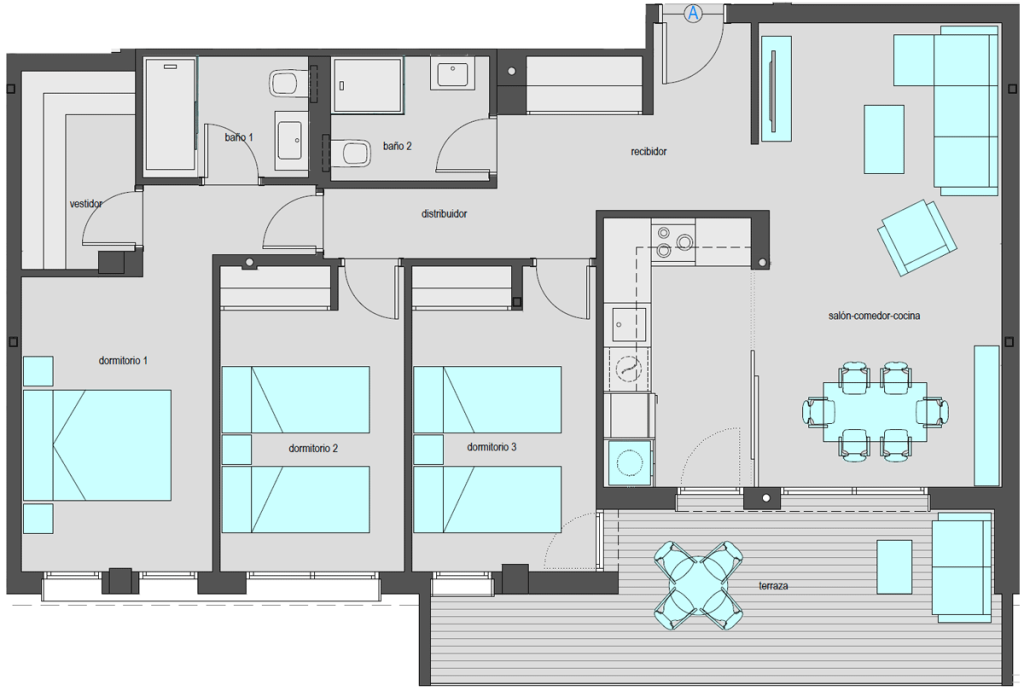 Vivienda tipo Ático A de tres dormitorios. Superficie construida: 120,35 m2. Planta 7.