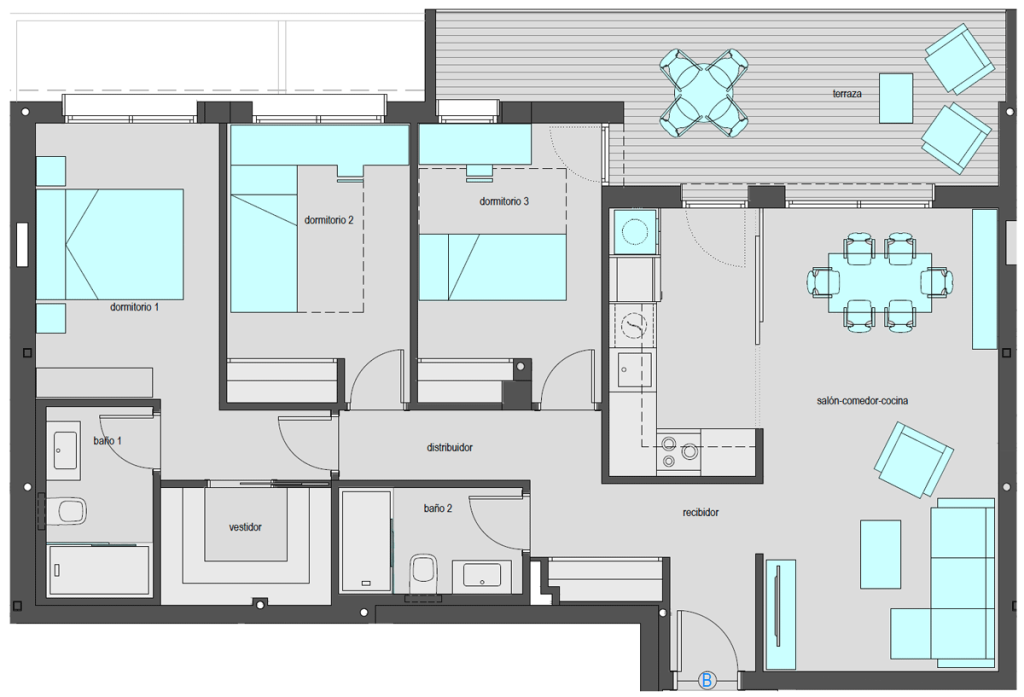 Vivienda tipo Ático B de tres dormitorios. Superficie construida: 116,50 m2. Planta 7.