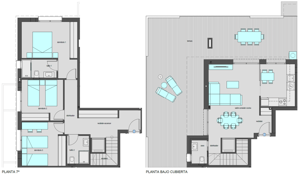Vivienda tipo Ático D de tres dormitorios. Superficie construida: 132,75 m2. Planta 7.