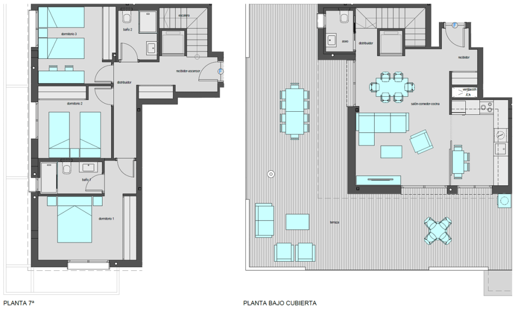 Vivienda tipo Ático F de tres dormitorios. Superficie construida: 132,90 m2. Planta 7.
