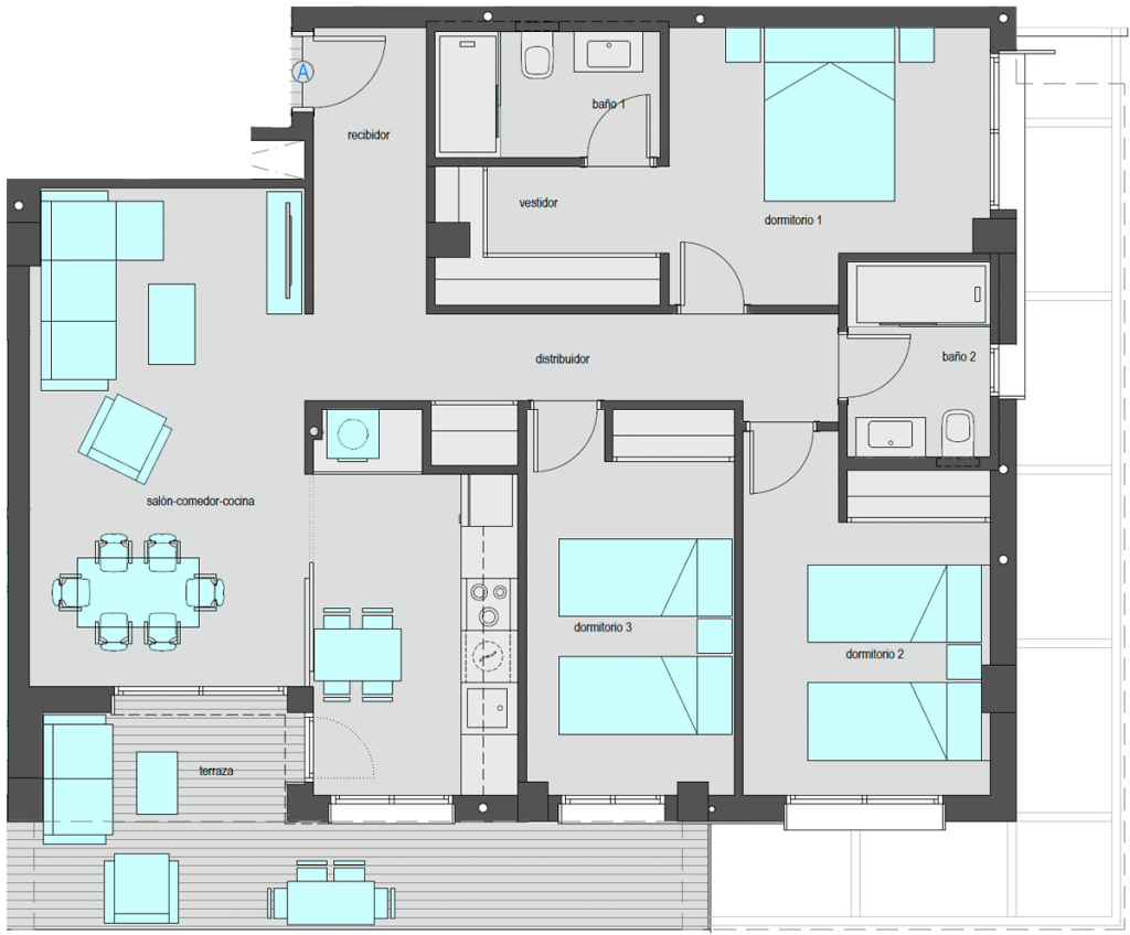 Vivienda tipo A.2 de tres dormitorios. Superficie construida: 111,65 m2. Plantas 2 y 4.