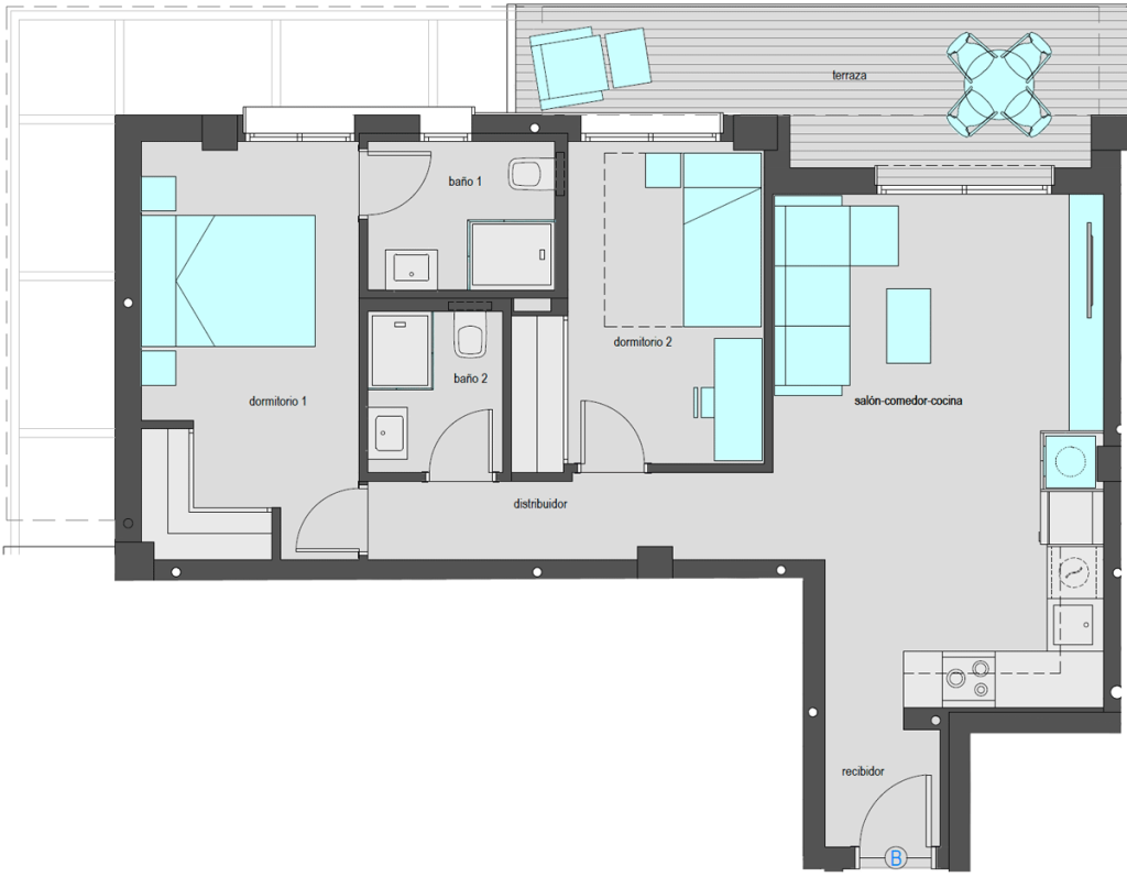Vivienda tipo B.1 de dos dormitorios. Superficie construida: 76,75 m2. Plantas 2 y 4.