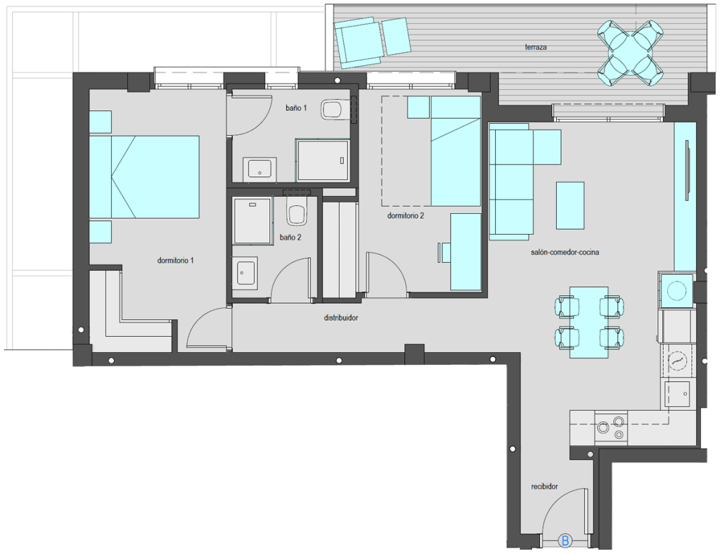 Vivienda tipo B.2 de dos dormitorios. Superficie construida: 77,35 m2. Planta 6.