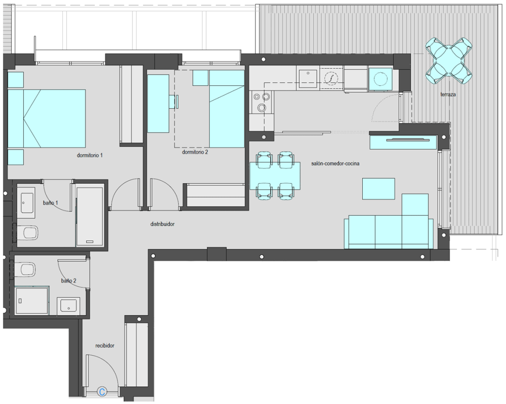 Vivienda tipo Ático B de tres dormitorios. Superficie construida: 116,50 m2. Planta 7.
