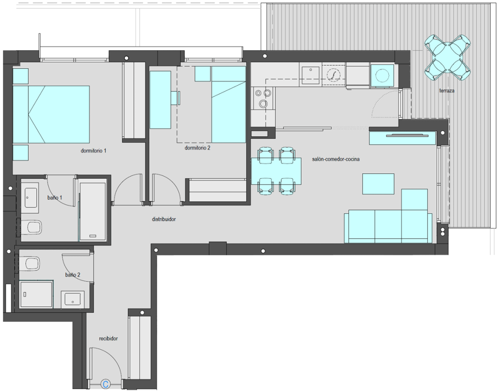 Vivienda tipo C.2 de dos dormitorios. Superficie construida: 78,15 m2. Planta 6.