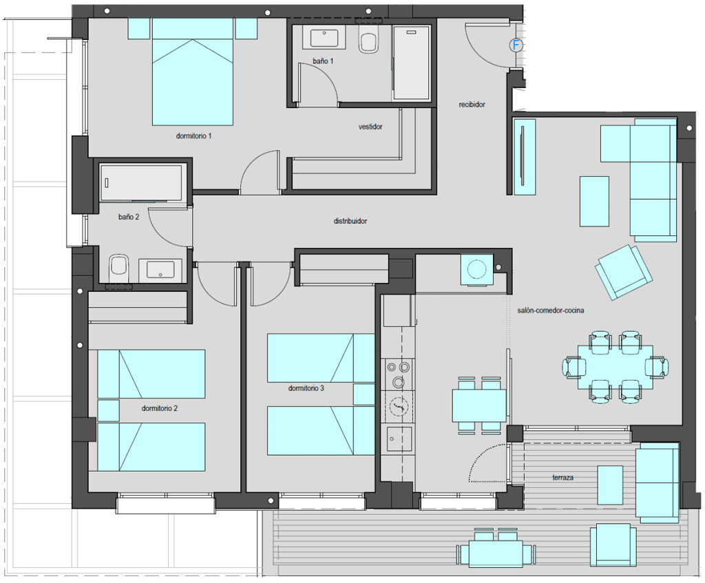 Vivienda tipo F.2 de tres dormitorios. Superficie construida: 111,65 m2. Plantas 3 y 5.